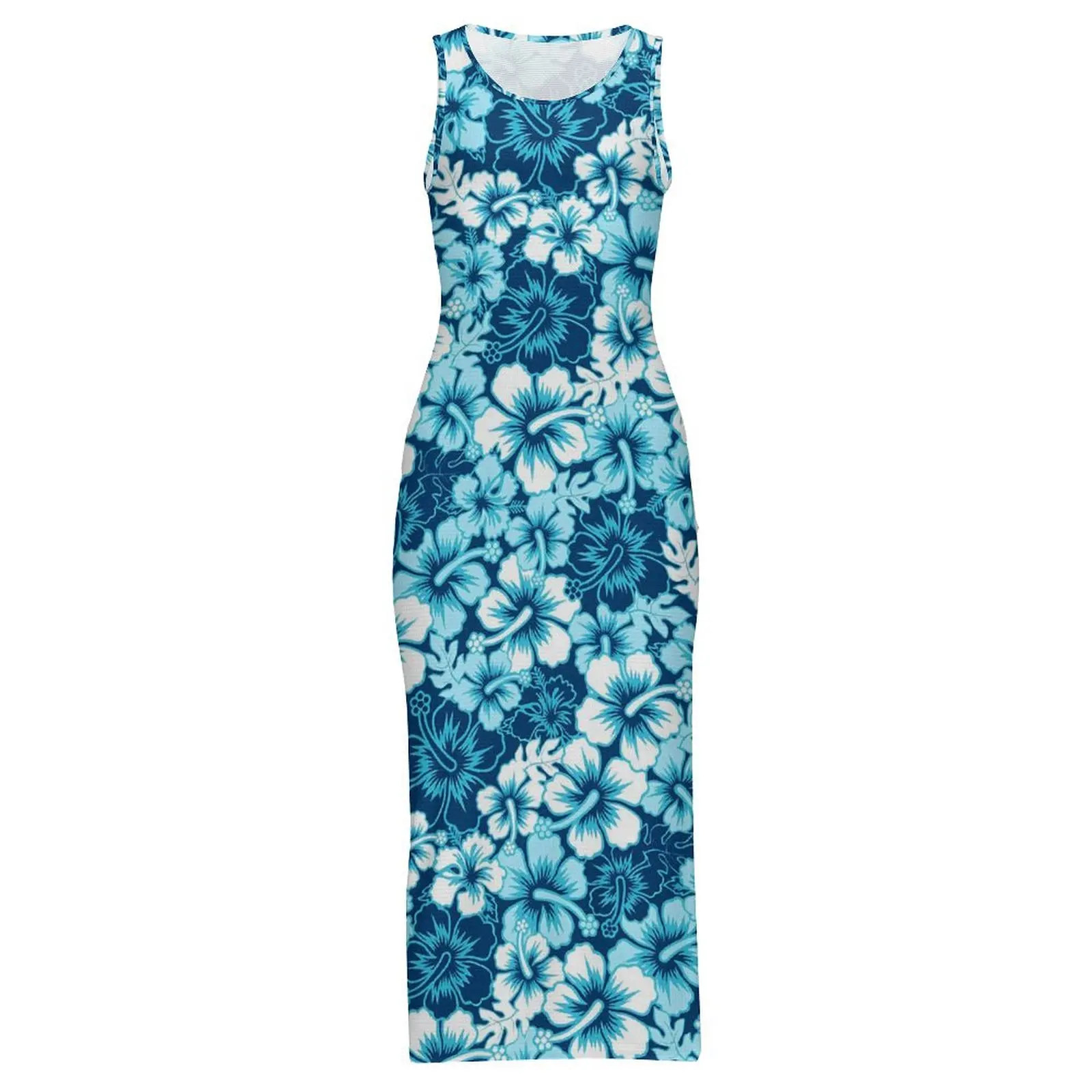 Robe florale bleue sans manches imprimé Hibiscus décontracté Y2k robes Maxi robe moulante mignonne femmes graphique surdimensionné Vestido