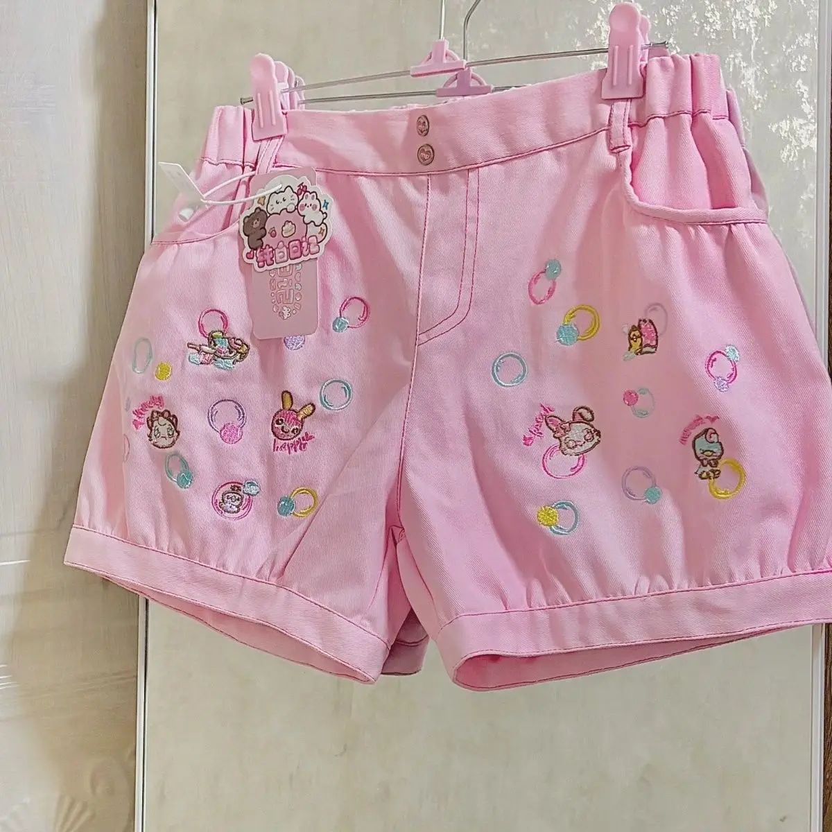 Japaneese Y2K Kawaii Cartoon Bunny Print Women Casual Shorts Women  Elastic Waist Bottoms Pocket Rolled Hem Casual Shorts