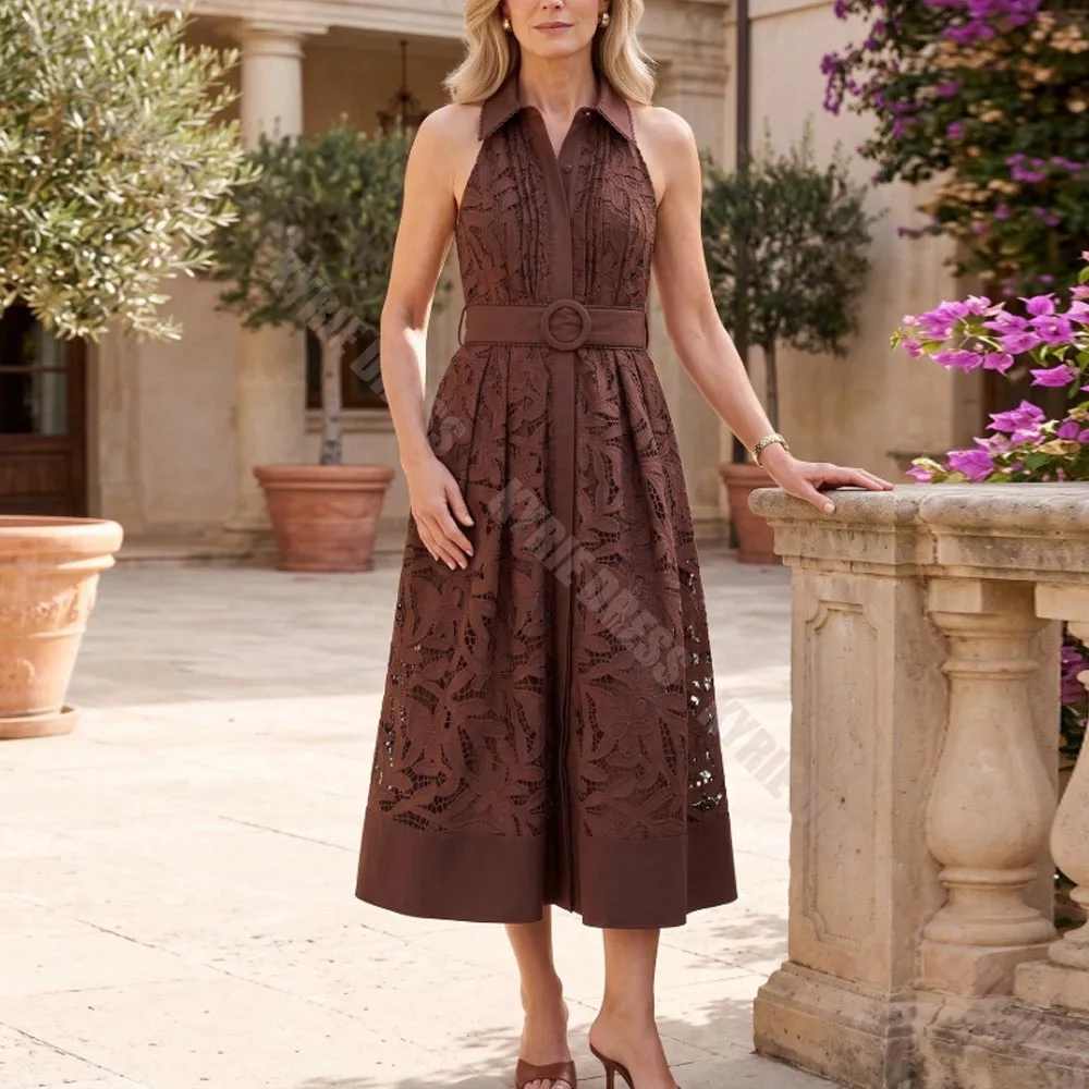 Modern Mother of The Bride Dress Customized Lapel Lace Applique A Line with Belt Tea Length Women Wedding Guest Gown Party Dress