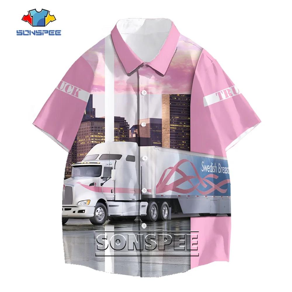 

SONSPEE Pink Street Heavy Truck 3D Print Botton Shirt Building Unisex Blouse Harajuku Funny Short Sleeve Comfortable Tops