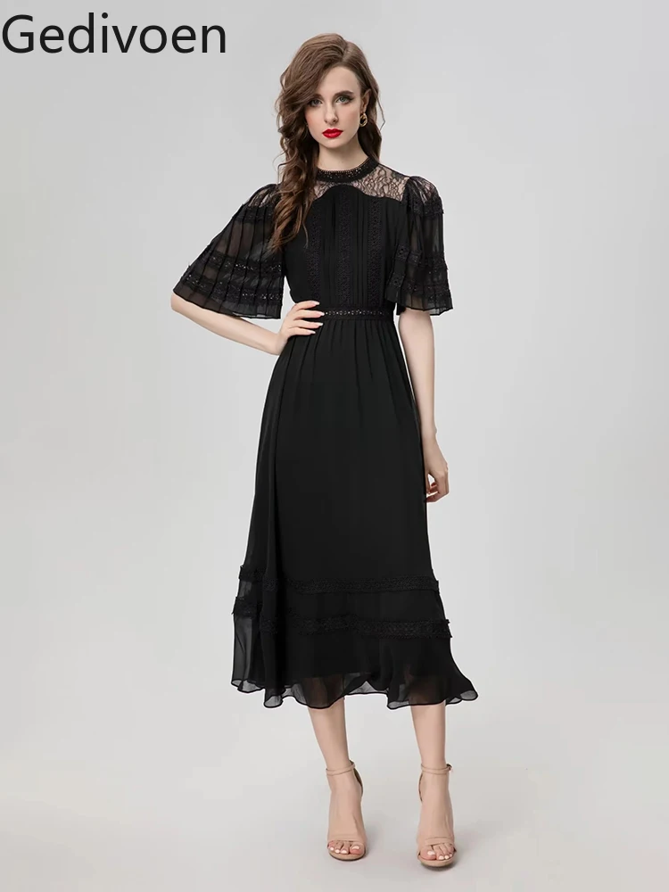 

Gedivoen Summer Fashion Runway Designer Dresses Women's Solid Color Net Yarn Embroidery Pleated Temperament Big Swing Dresses