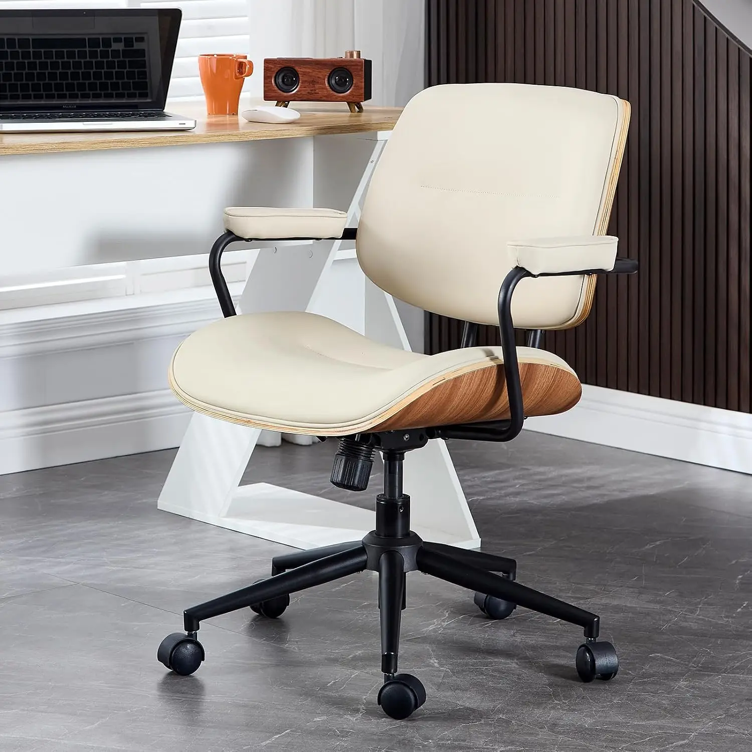 Mid Century Office Chair Swivel Adjustable Walnut Back Beige, Customized