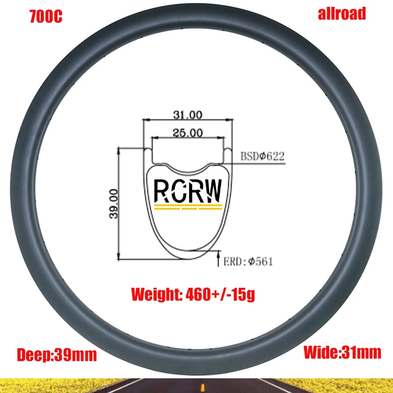 700C 39X31mm All Road Gravel 460g Carbon Rim 39 Deep 31 Wide Disc or V Tubeless Clincher UD 3K 12K 16 18 20 21 24 28 32 36 Hole