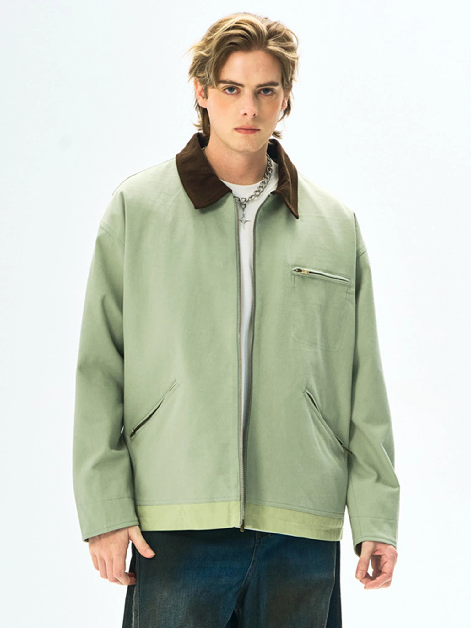 

Men's Color Block Washed Jacket Vintage Lapel Collar Coat British Style Oversized Zip Pocket Outdoor Commuting Jacket for Men