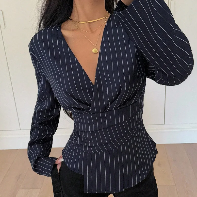 Bonboho 2026 New Women's Ruched Waist Blouse Navy Blue Pinstripe Deep V-Neck Long Sleeve Business Casual Workwear T-shirt Top