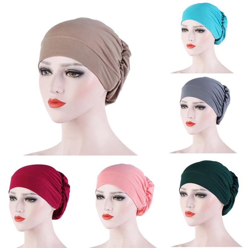 Women Turban Head Wrap Hat With Button Headscarf Bonnet Inner Hijab Cap Solid Color Muslim Hijab Chemo Hats Female Turbantes Cap