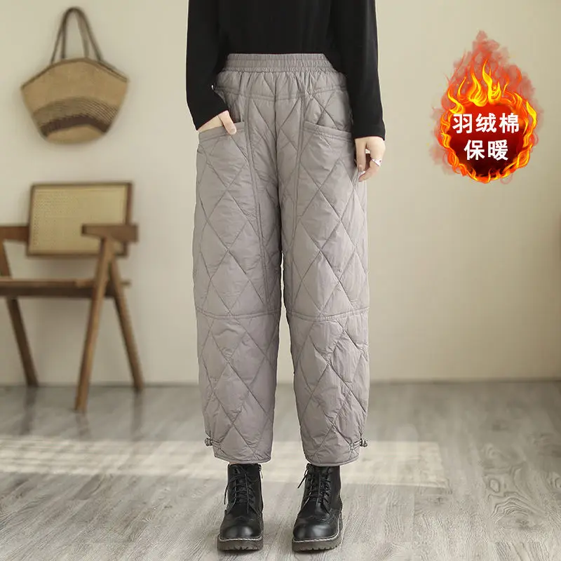 Women down cotton pants with retro clasps and diamond plaid oversized high waisted slim windproof and thick straight sleeves