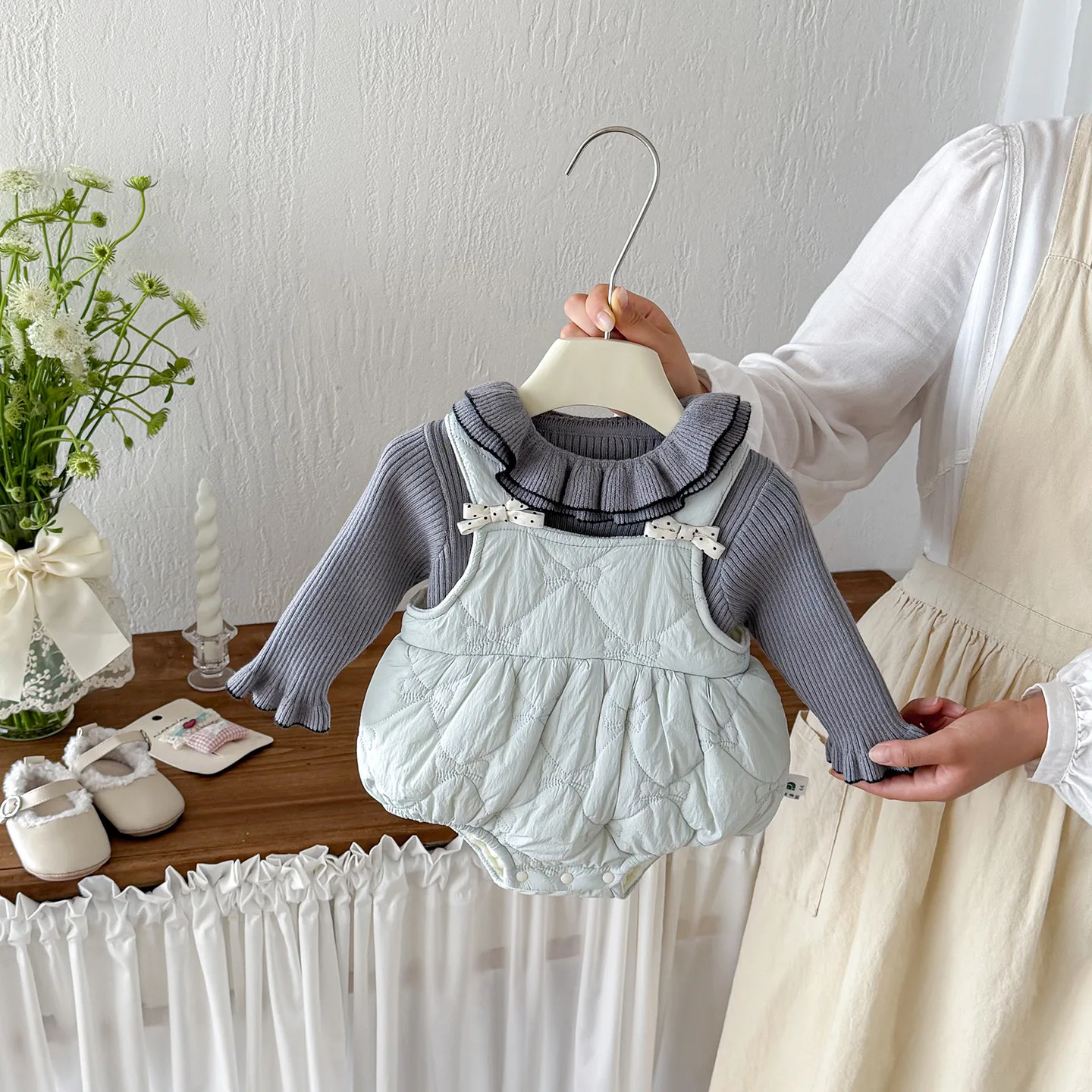 Winter Thicken Fleece Bow Girls Romper Ruffle Collar Long Sleeves Knit Base Sweater for Baby Girls Cotton Padded Toddler Clothes