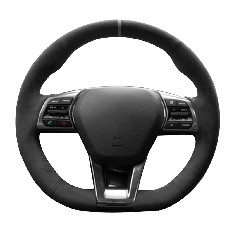 Non-slip Black Genuine Leather Suede Car Steering Wheel Cover For Hyundai Sonata 9 (3-Spoke | D-Shape) 2015 2016 2017 2018-2019