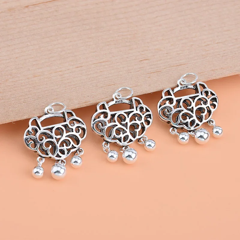 S925 sterling silver vintage jewelry accessories Thai silver hollow longevity lock pendant handmade DIY material necklace pendan