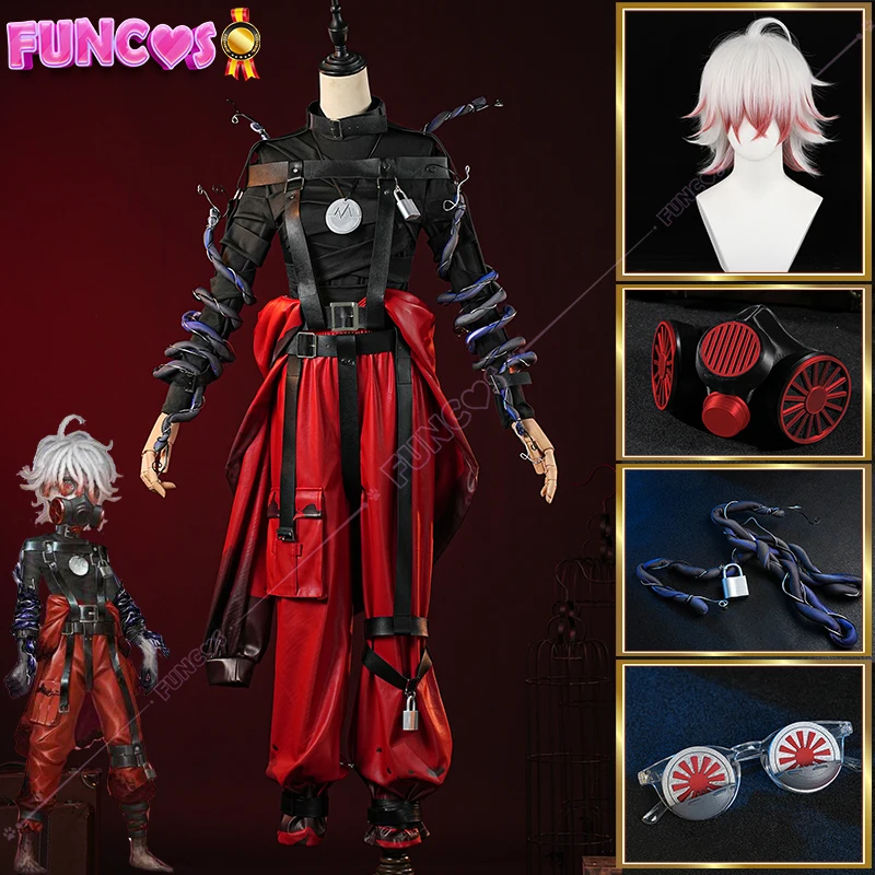 Identity V Emil Patient Rare Case Cosplay Costume Wig Mask Glasses Top Leather Belts Pants Lock White Red Hair Game Accessories