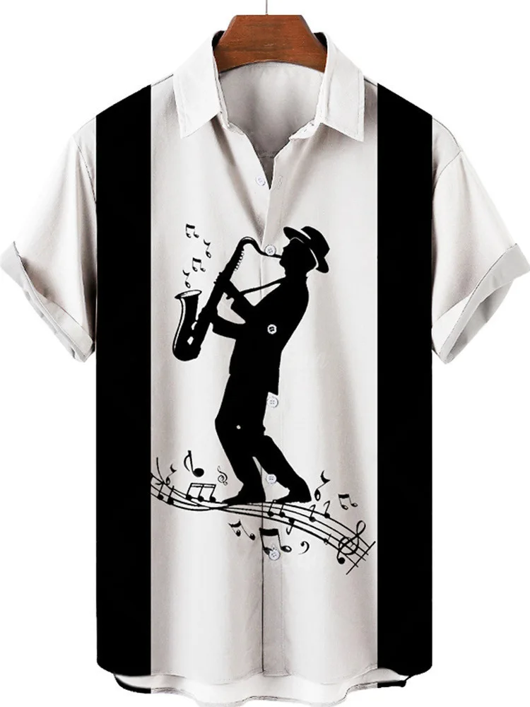 

Loose Fit Printed Music Pattern ort Sve irt Men's Turn down Collar Button up Casual Summer Top Youth Trend Chinese Brand