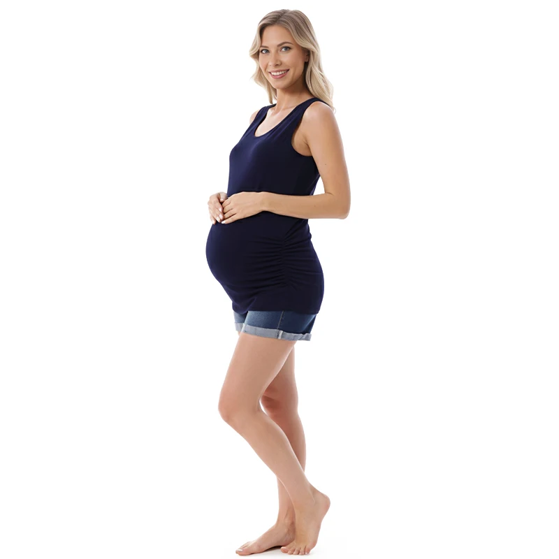 Solid Color Maternity Long Tank Top U Neck Sleeveless Side Ruched Soft Stretch Daily Basic Layering Vest Pregnant Women
