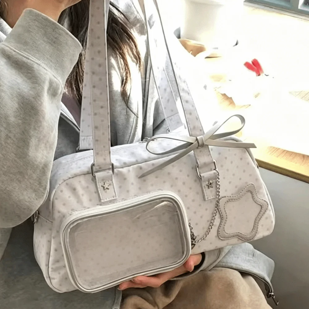 

Japanese Style Nylon Ita Bag Large Capacity Chain Strap Transparent Display Bag Star Cream Color Polka Dot Shoulder Bag Women