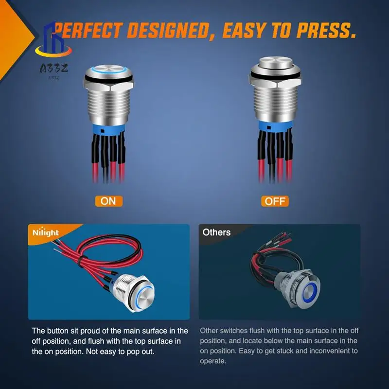 

A33Z-5Piece Push Button Switch With Pre Wired Harness LED Round Waterproof Metal Switch 12Mm