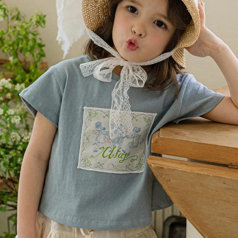 

Girl T-shirt 2024 Summer New Sweet Lovely Retro Pasting Short Sleeve Comfortable Casual Simple Fashion Loose Sweet Korean Active