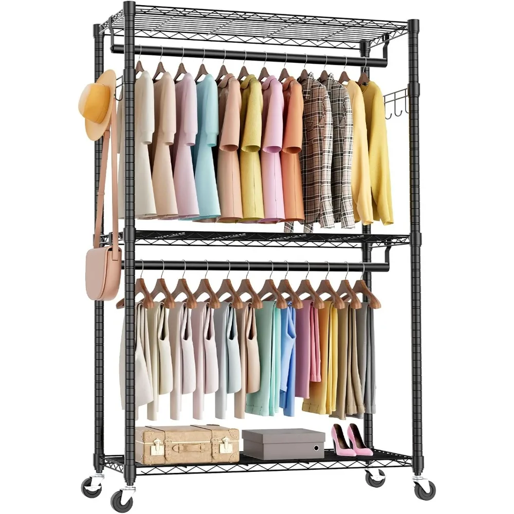 

Rolling Clothes Rack, Heavy Duty Garment Racks 3 Tiers Portable Adjustable Wire Shelves with Wheels, Hanging Rods, Hooks Freest