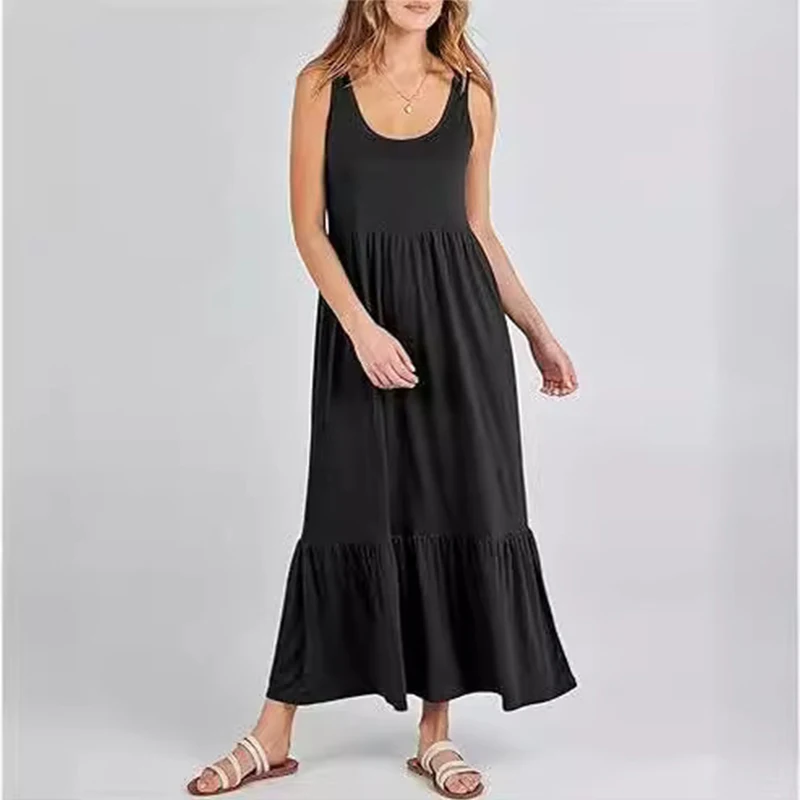 

Summer Women's Sleeveless Tank Top Dress Casual Flowing Layered Beach Pocket Long Dresses For Women