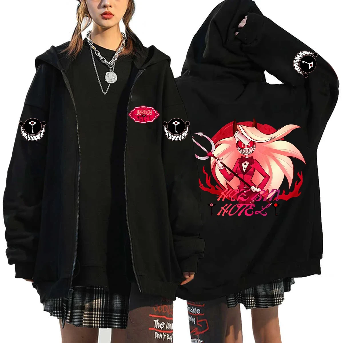 New style for anime lovers Hazbin.Hotel style black 2D printed hooded sweatshirt for street casual