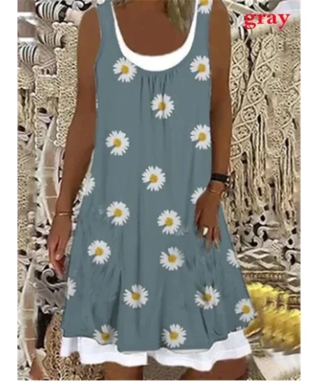 Summer Women Sling Long Casual Print Loose Elegant Sleeveless Beach Dress Fashion Sexy Round Collar Girls Clothes Female Top