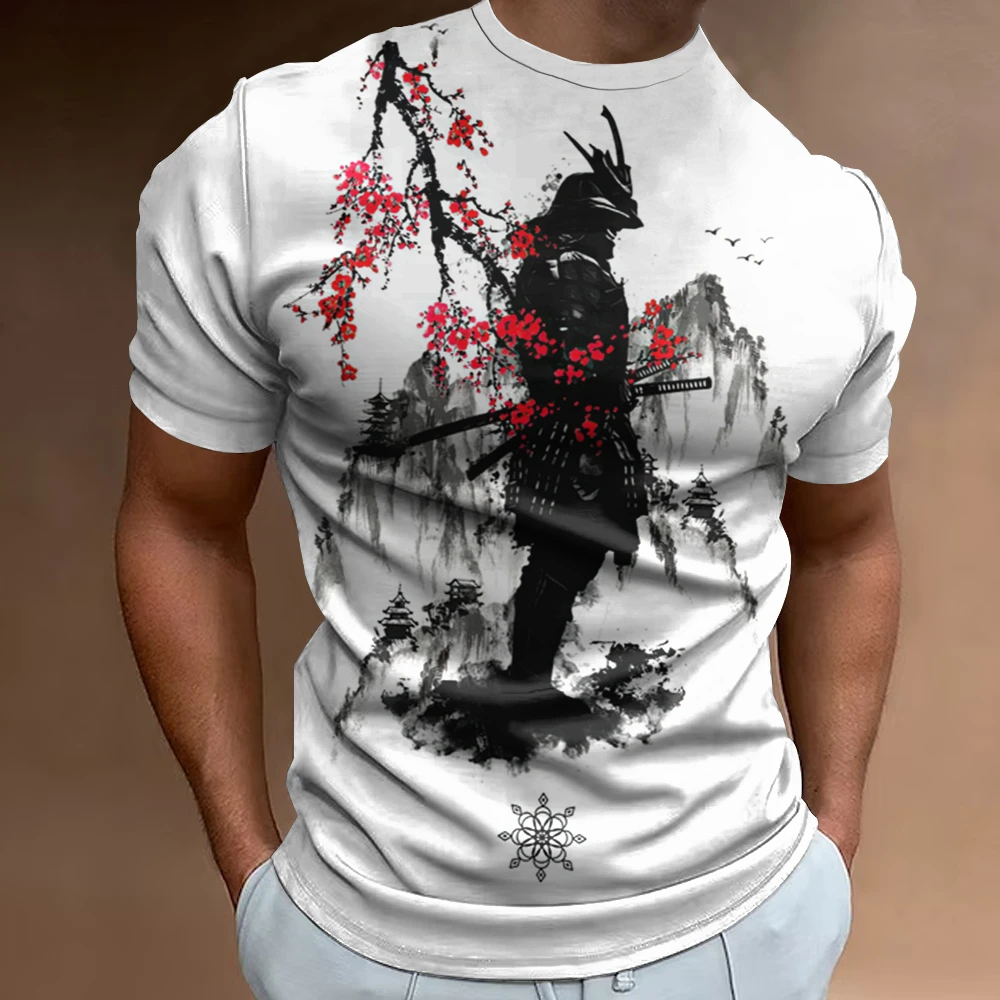 New 3d Japanese Samurai Print Men\'s T-Shirt Retro Casual Man Clothing Loose Oversized Tee Summer Short Sleeves For Men 2024 Tops