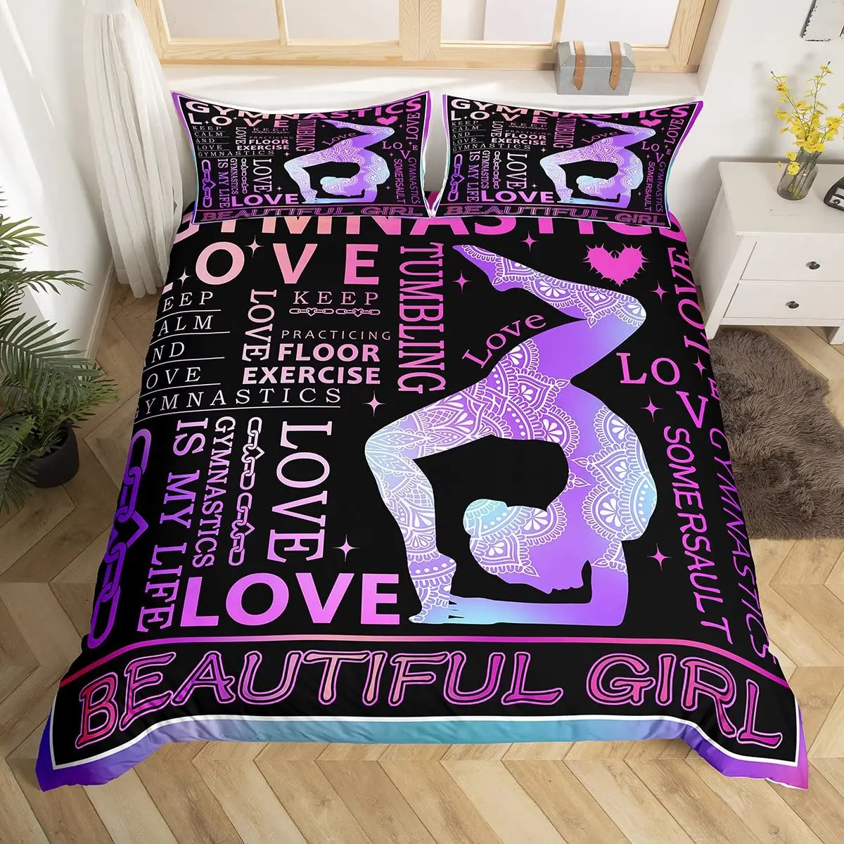 Gymnastics Duvet Cover Gymnast Gifts Twin for Girls Teens Women,Gymnastics Lover Comforter Cover Dancer Silhouette Bedding Set