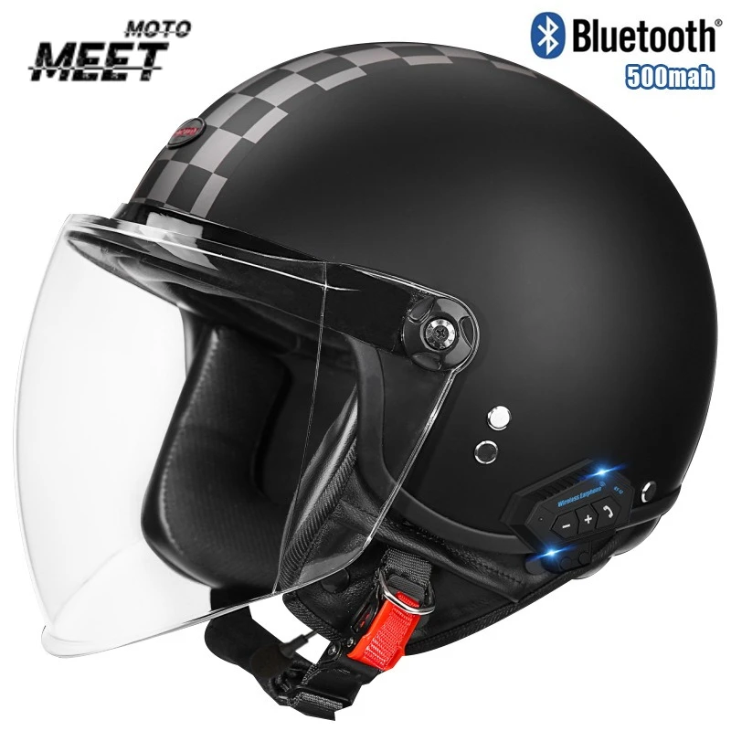 Retro Bluetooth Motorcycle Helmets with Visor Leather Helmet Electric Motorbike Vintage Protected Motor Safety Cap for Harley