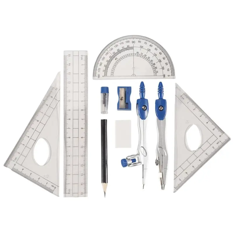 10 Piece Math Geometry Kit Sets Student Supplies For Drafting And Drawings With Shatterproof Storage Box Highly Recommended