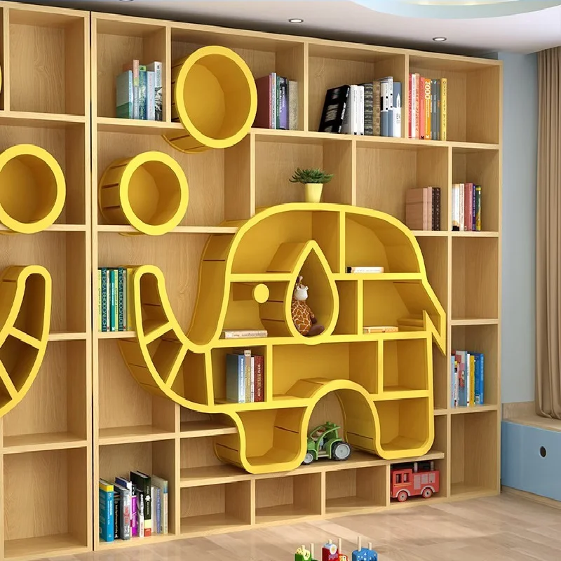 Solid wood cartoon elephant bookcase Floor-to-ceiling storage cabinet Picture book shelf The whole side is full of wall