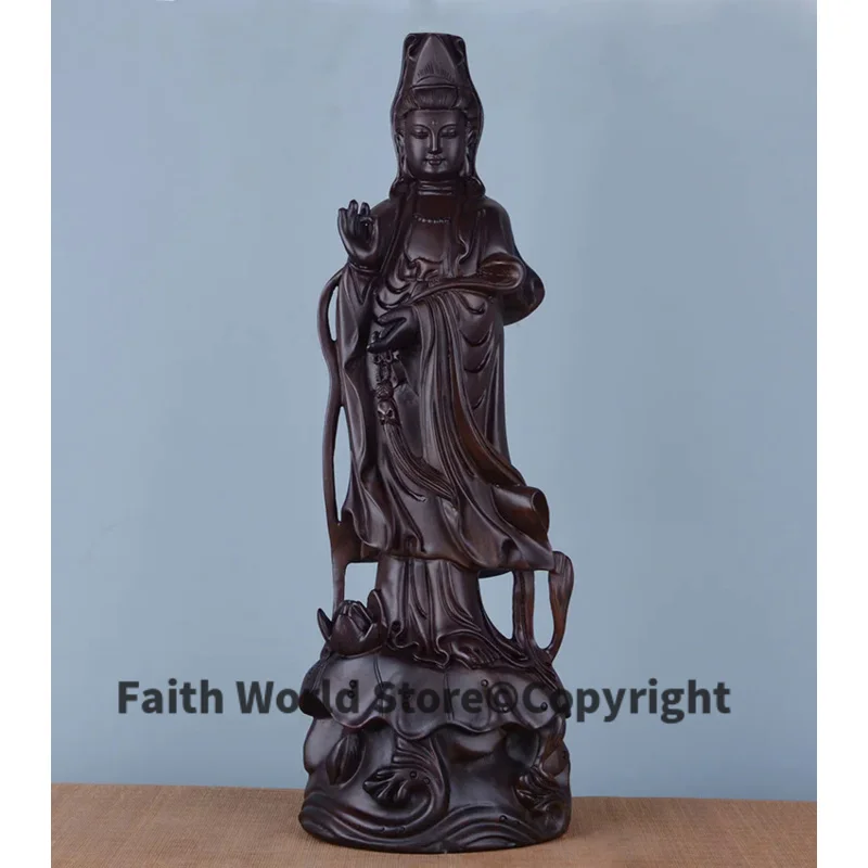 

Special Offer--30CM TALL-HOME Spiritual protection Bless family # Handmade black Ebony Wood carving Lotus Guanyin Buddha statue