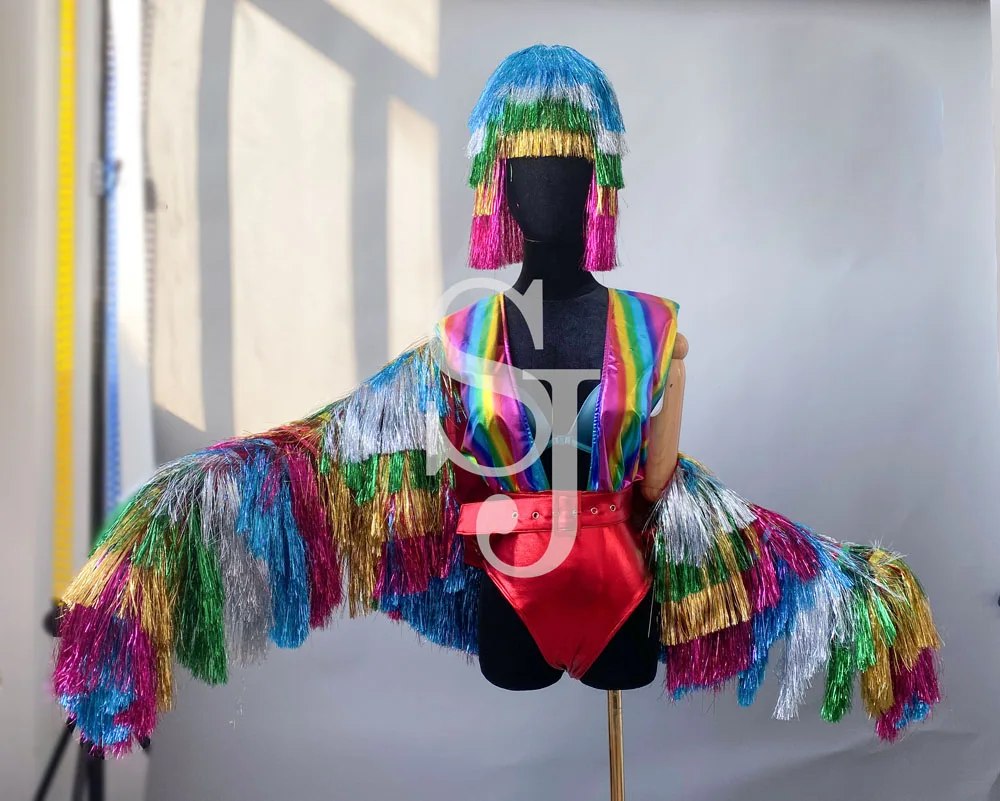Kolorowa kurtka z frędzlami Peruka Body Strój Reklamowy Barowy Pokaz Świąteczny Park Rozrywek Impreza Tematyczna Kostium Pokaz Klubowy Piosenkarz