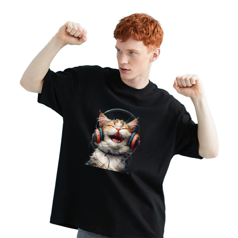 القط الاستماع إلى الموسيقى أزياء DTF الملابس صائق DIYT قميص حقيبة قماش سترة الفينيل التصحيح آلة قابل للغسل المياه قابل للغسل #2