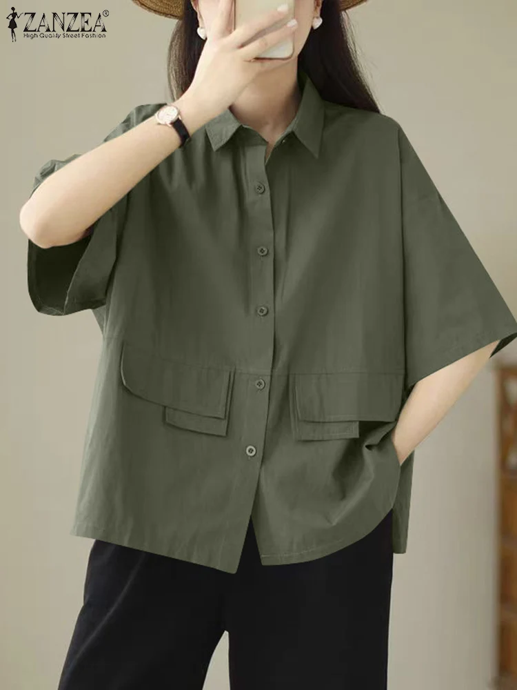 ZANZEA Casual Colletto rovesciato Camicie Donna Tunica Streetwear Tasca Cover Abbigliamento da lavoro Top 2025 Moda Mezza manica Allentato Blusas