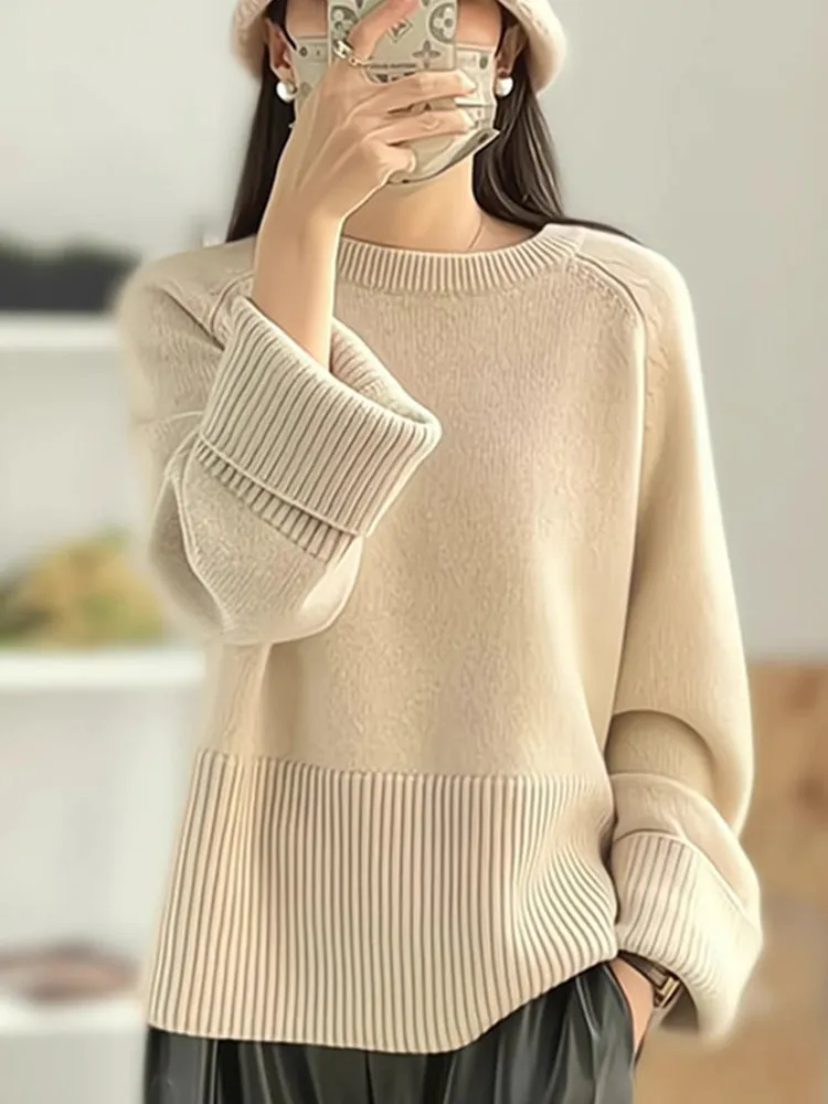 

Loose Long Sve Knitted Sweater Women's Color Design Faionable Overhead Top Korean Sle Commute Pure Color