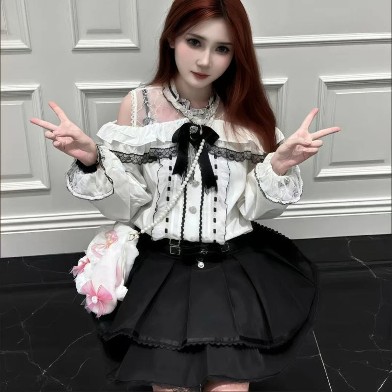 일본 고딕 Y2K 로리타 스타일 세트 여성용 달콤한 레이스 오프숄더 러플 긴팔 리본 셔츠 하이웨이스트 슬림 미니스커트 슈트