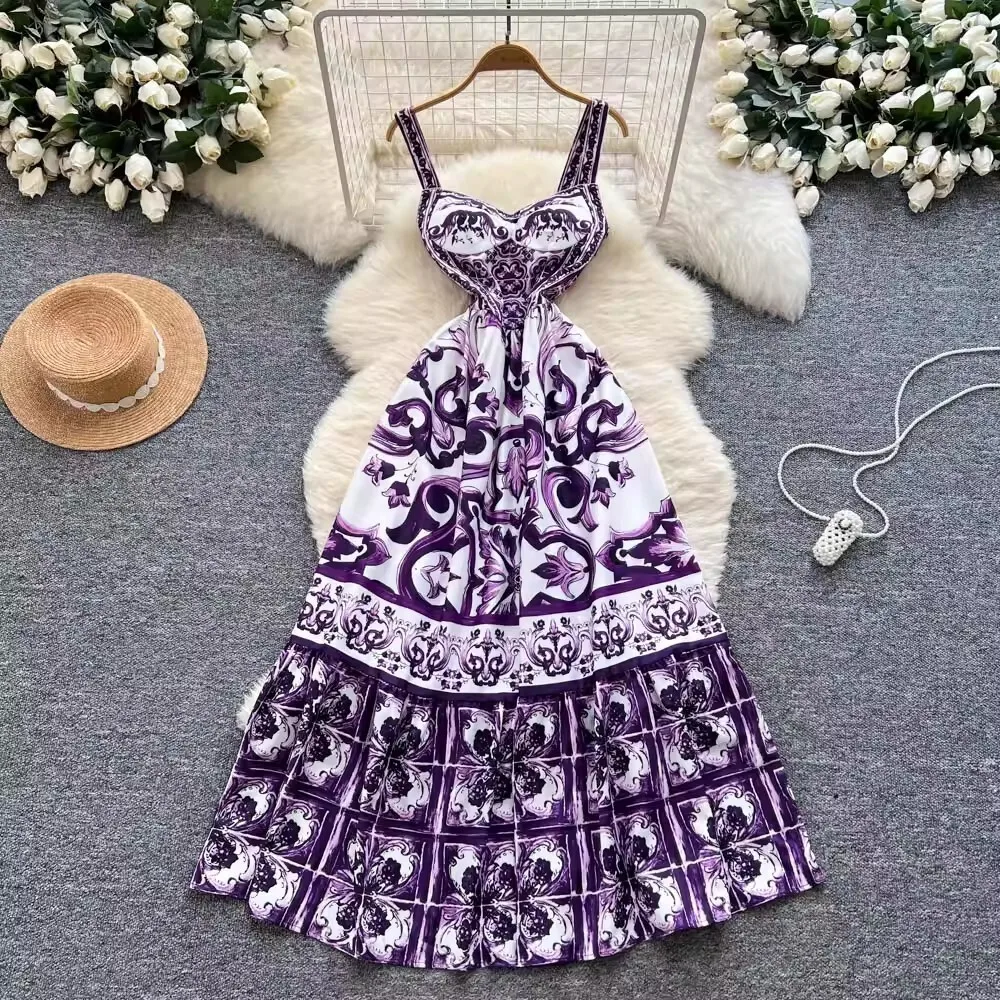 

Summer Floral Long Dress Women Purple White Porcelain Runway Brand Designer Pleated Beach Wear Midi Vestidos Bohemian Dresses