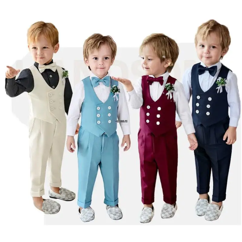 Newborn Baby Boys 1 Year Birthday Suit Kids VEST PANTS BOWTIE Photograph Suit Children Wedding Dress Performance Party Costume