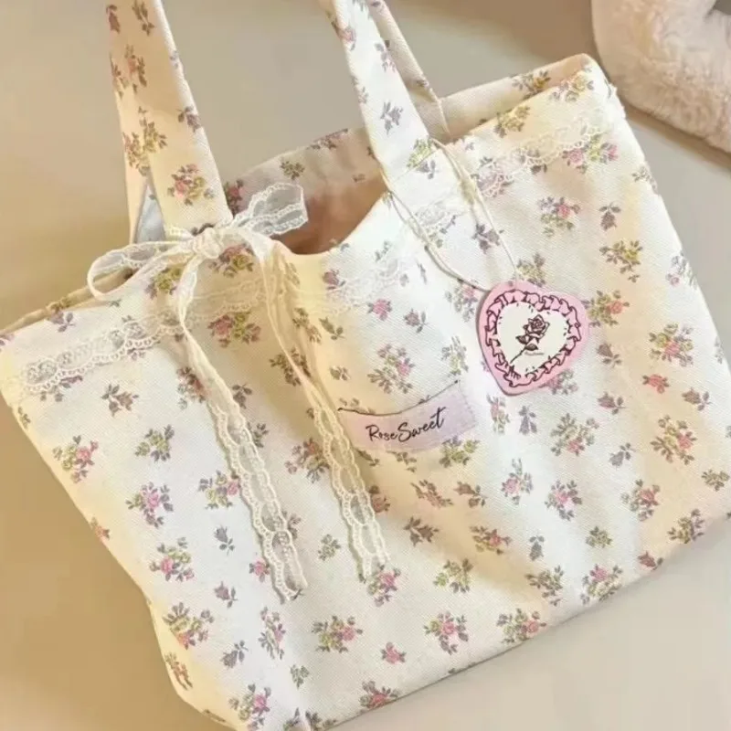 Canvas Tote Bags Women Floral Sweet Students Commuter Korean Fashion Handbags College Bolsas Designed All-match Shoulder Bag