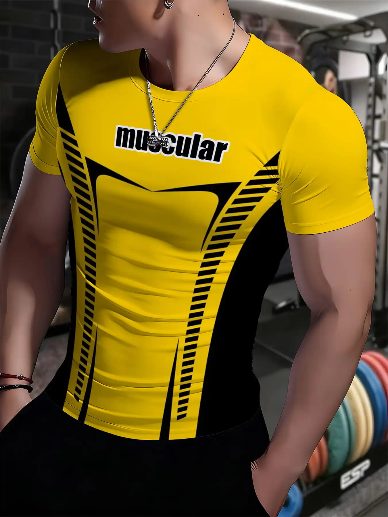 Men Muscular Letter Splice Compression T-shirt High Elastic Quick Dry Sports Gym Workout Short Sleeve Fitness Top