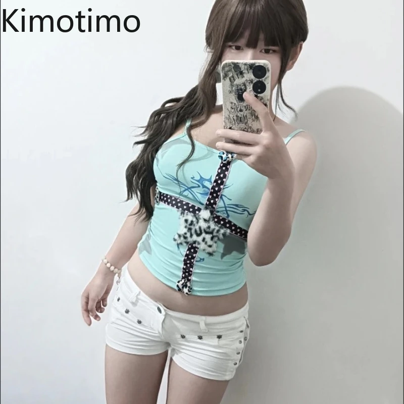 

Kimotimo Spicy Girls леопардовый крестообразный принт со звездами в стиле пэчворк, летний облегающий укороченный топ без рукавов, винтажные шикарные майки Y2k