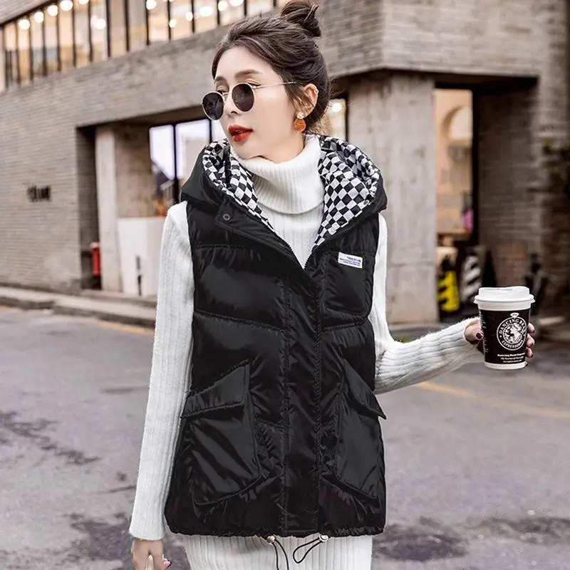 Splicing Hooded Checkerboard Pattern Design New Thickened Warm Shoulder Sleeveless Warm Jacket