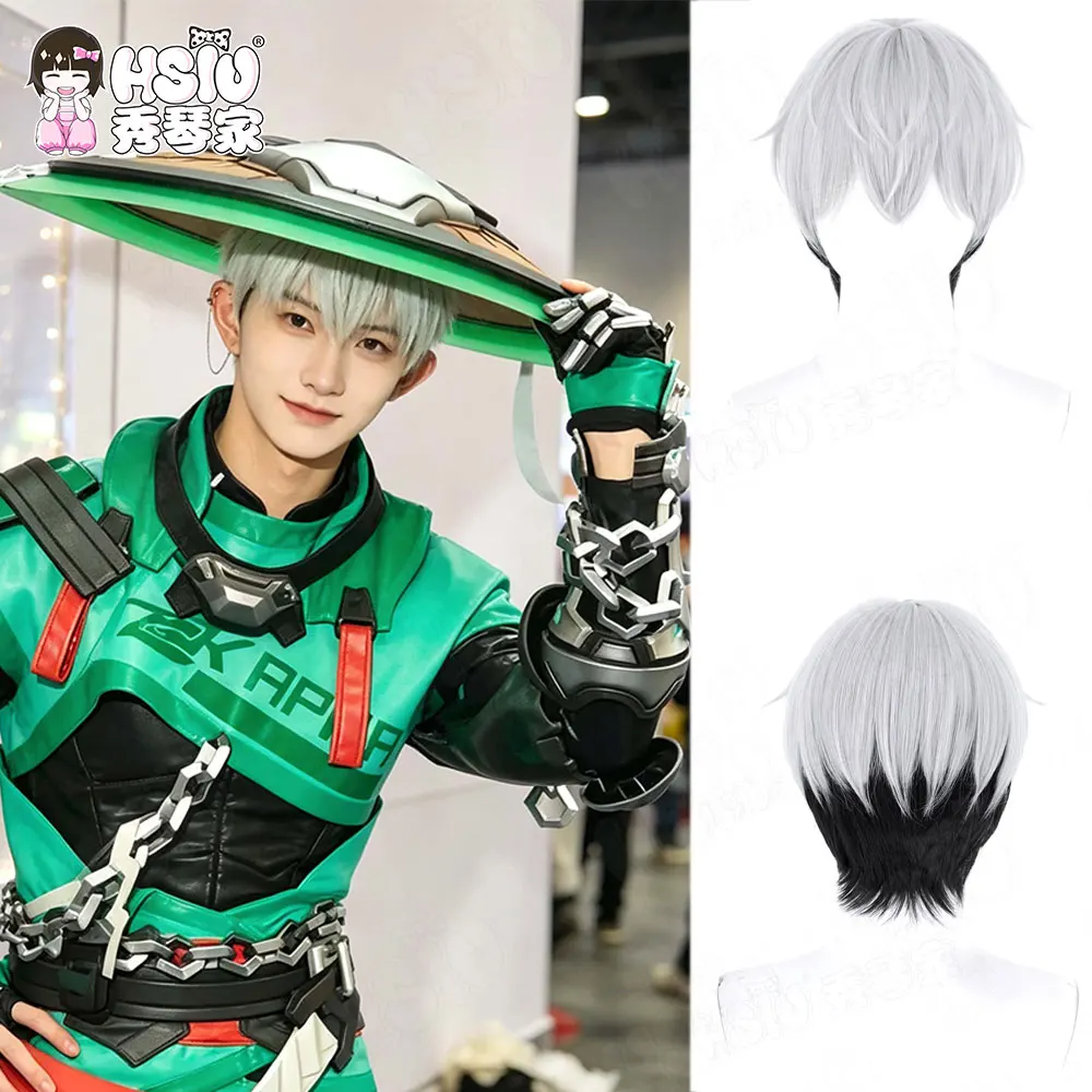 Game Mizuki Cos Synthetic Wig Short Silver Black Gradient Hairstyle HSIU Heat‑Resistant Fiber Wig with Complimentary Wig Cap
