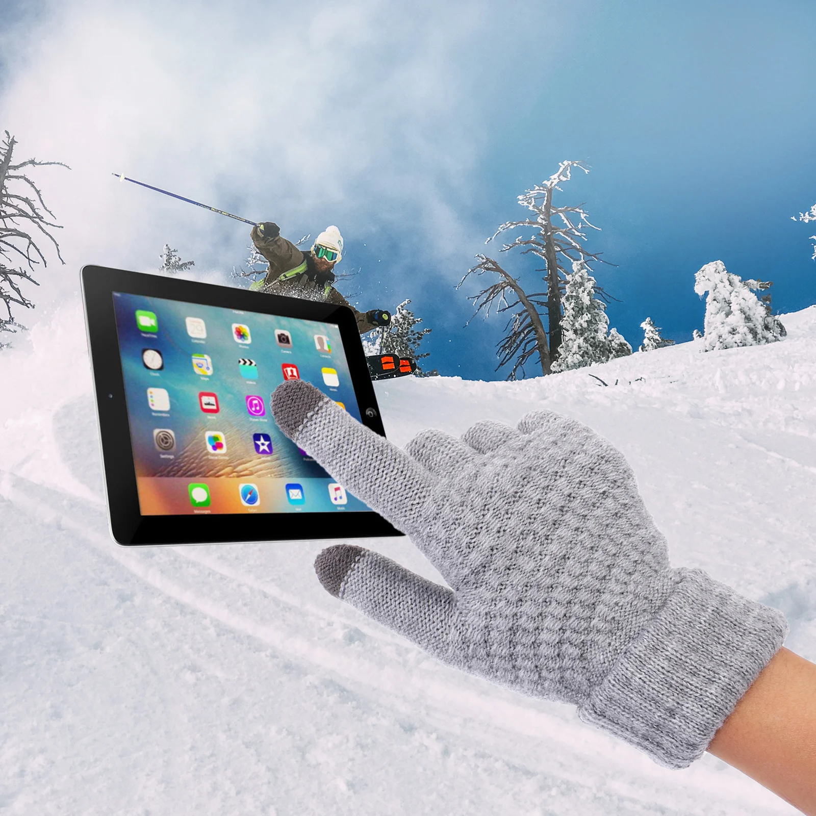 

Pair of Grey Wool Knitted Touch Screen Gloves Warm Elastic for Winter Cellphone Tablet Use Touch Screen Gloves