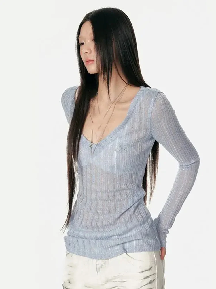 

Simple Solid Knitted Pullover Women V Neck Slim Fit Sheer Base Sweater Korean Sexy Versatile Long Sleeve Tops Sueter