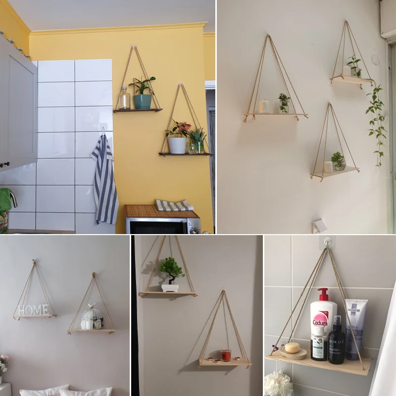 Madeira Swing Hanging Rope Prateleiras Wall Mounted Flutuantes Prateleiras Home Living Room Wall Shelf Armazenamento de artigos diversos Decoração de jardim ao ar livre 1pc