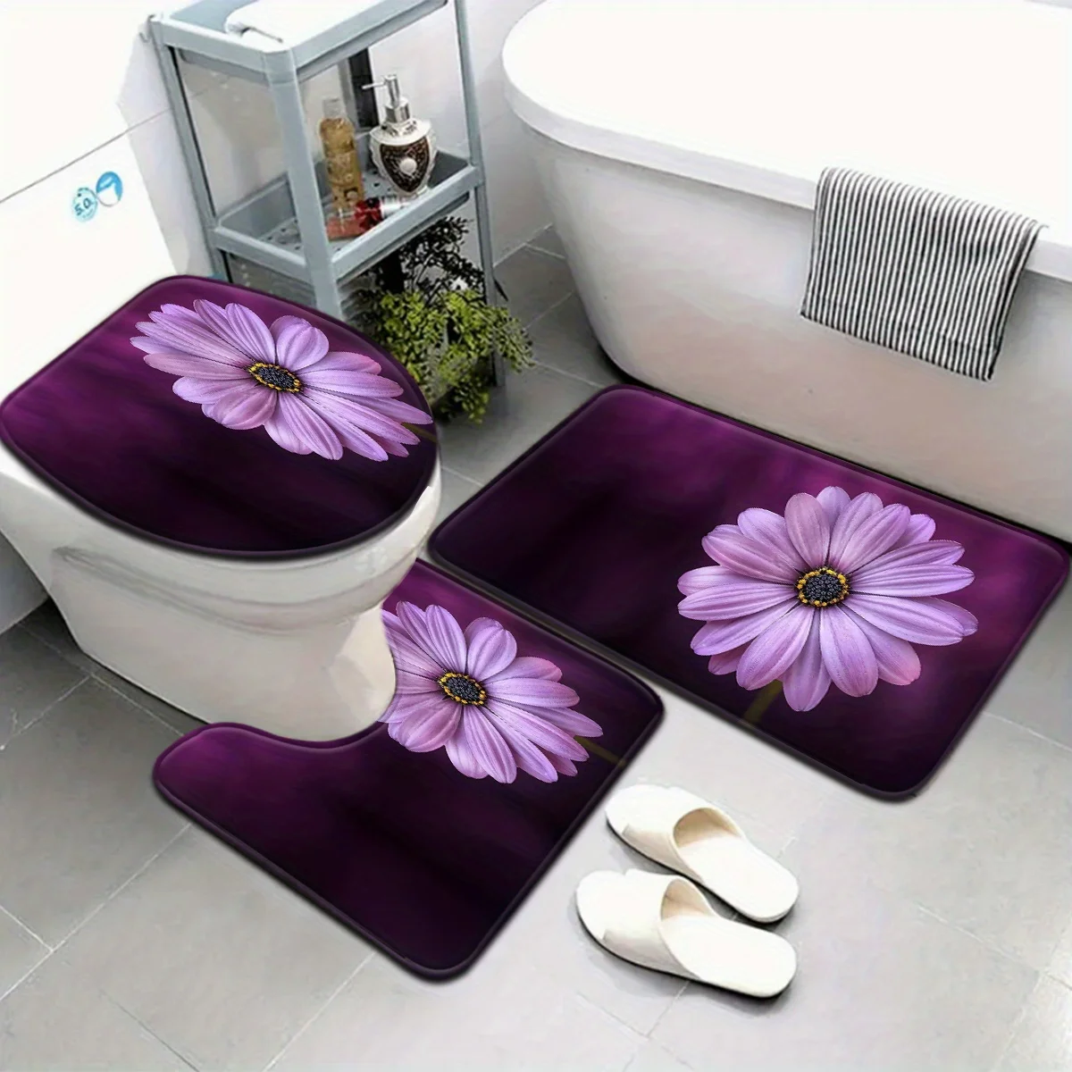 

3pcs Vibrant Purple Daisy Bath Mat Set, Non-Slip Fade-Resistant Polyester, Rectangular & U-Shaped Floor Mats for Bathroom Decor