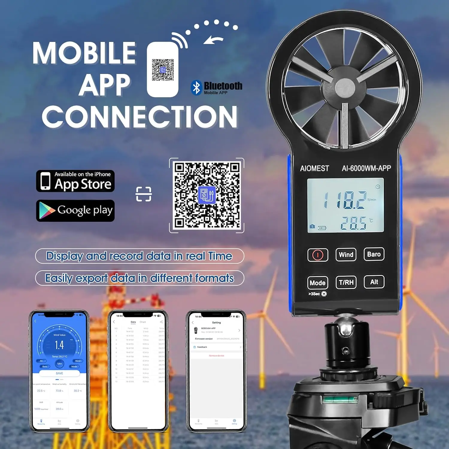 6000WM-APP Digital Anemometer Barometer, Wind Speed Meter,Wind Weather Record, Temperature, Humidity, Dew Point, Altitude