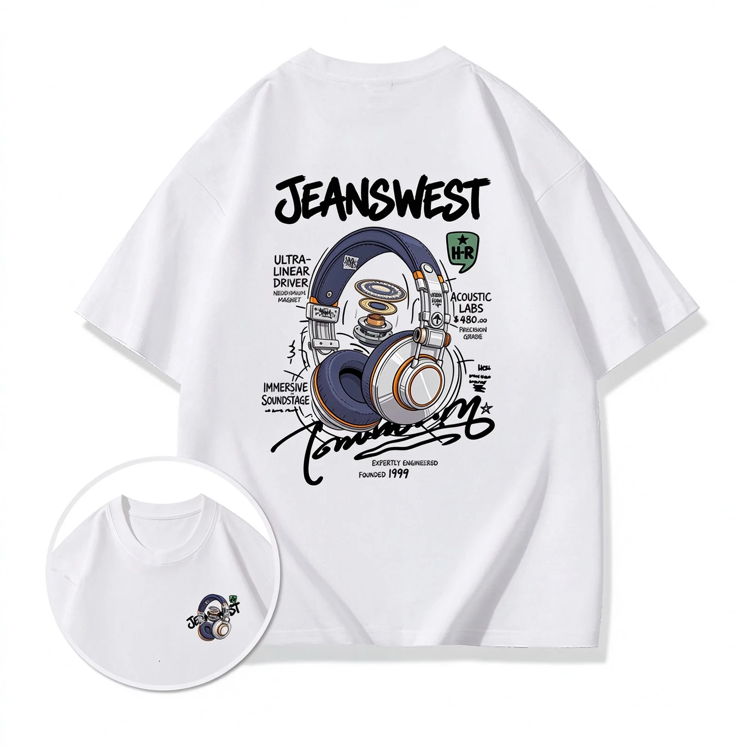 Men Women Mechanical Headphones Graphic Print T-Shirt Casual Loose Short Sleeve Top Streetwear Black Navy White Grey