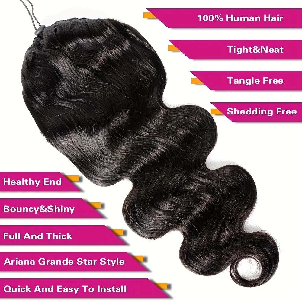 Body Wave Ponytail Remy Human Hair Extensions With Chip-ins Natural Color Human Hair Drawstring Ponytail For Women Wrap Ponytail