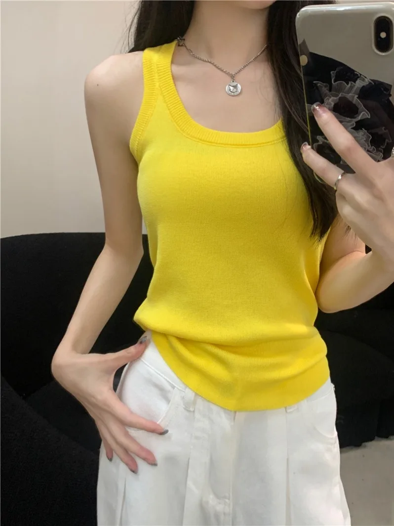 Débardeur rétro américain pour femme, vêtement intérieur amincissant d'été, haut jaune sexy sans manches, inscription 'No Sve Work'